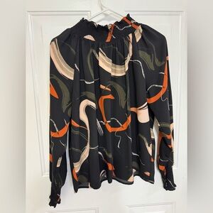Nine West Black Abstract-Swash Long Sleeve Smocked-Neck Blouse